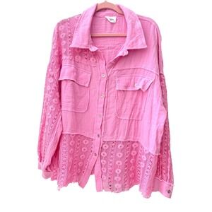 Andree by Unit Pink Gauze Crochet Lace Boho Button Down Shirt 2X Boutique